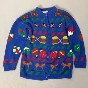 Picone Sport Hand Knit Christmas Cardigan Sweater Blue Ramie Cotton M